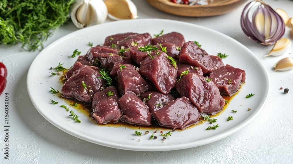 Raw beef liver seasoned with herbs and spices on a white plate showcasing a traditional Minas Gerais dish with fresh ingredients. Raw beef liver seasoned with herbs and spices on a white plate showcasing a traditional Minas Gerais dish with fresh ingredients.
