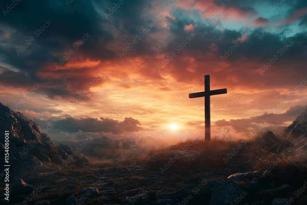 Dramatic Christian Cross at Sunset with Dark Clouds and Sunbeams Depicting Resurrection and Easter Spirituality Dramatic Christian Cross at Sunset with Dark Clouds and Sunbeams Depicting Resurrection and Easter Spirituality