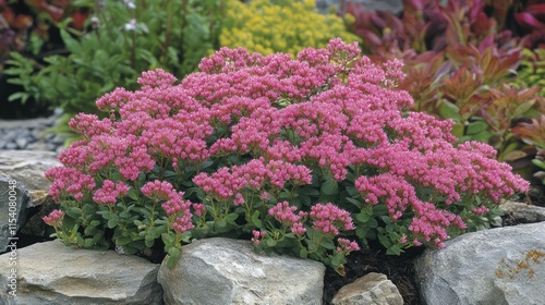 Fototapeta Naklejka Na Ścianę i Meble -  Vibrant pink sedum flowers blooming in autumn surrounded by lush greenery and stones in a tranquil garden setting