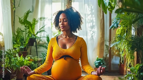 A serene Black woman, heavily pregnant, practices meditation in a vibrant indoor garden filled with plants. Soft morning light filters through the windows, creating a calming atmosphere.