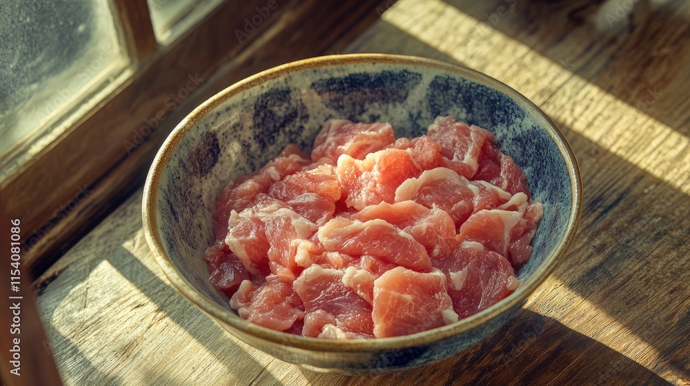 freshly cut raw chicken pieces in a decorative bowl on rustic wooden table with natural light creating warm ambiance freshly cut raw chicken pieces in a decorative bowl on rustic wooden table with natural light creating warm ambiance