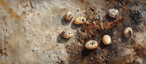 Raw quail eggs displayed on a rustic surface highlighting their unique speckled appearance for culinary or farming themes. photo