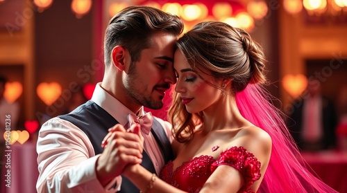 Romantic couple dancing closely at Valentine's Day celebration with heart lights