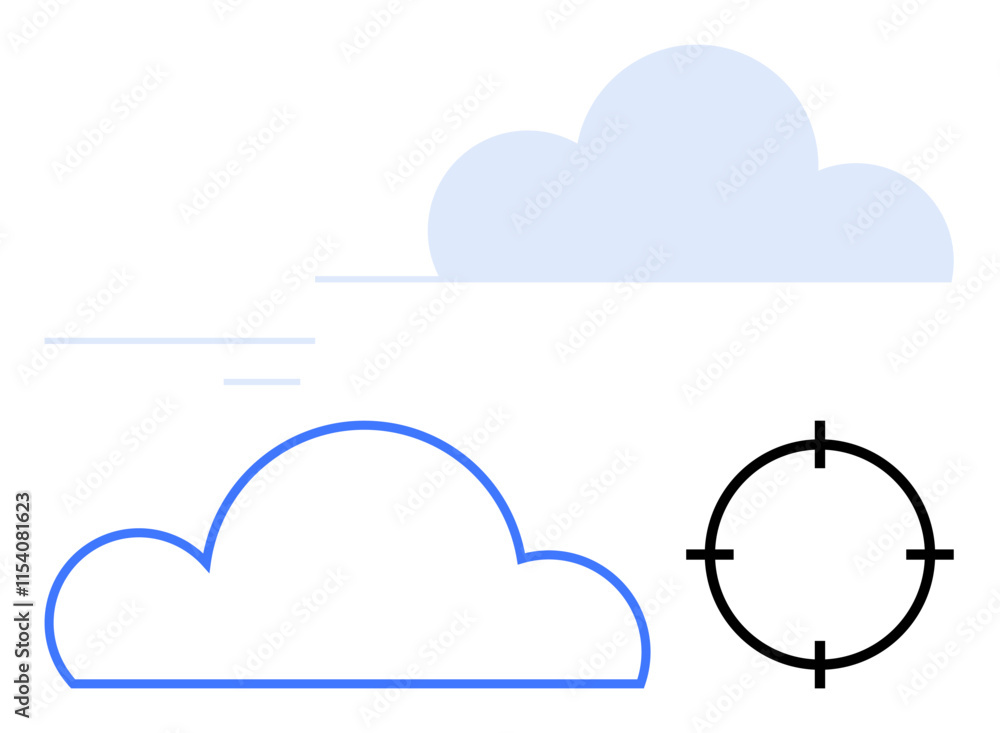 Cloud icons in blue and light blue with a black target symbol. Ideal for technology, cloud computing, data storage, targeting, precision, digital services, IT infrastructure. Line metaphor Cloud icons in blue and light blue with a black target symbol. Ideal for technology, cloud computing, data storage, targeting, precision, digital services, IT infrastructure. Line metaphor