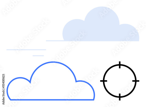 Cloud icons in blue and light blue with a black target symbol. Ideal for technology, cloud computing, data storage, targeting, precision, digital services, IT infrastructure. Line metaphor