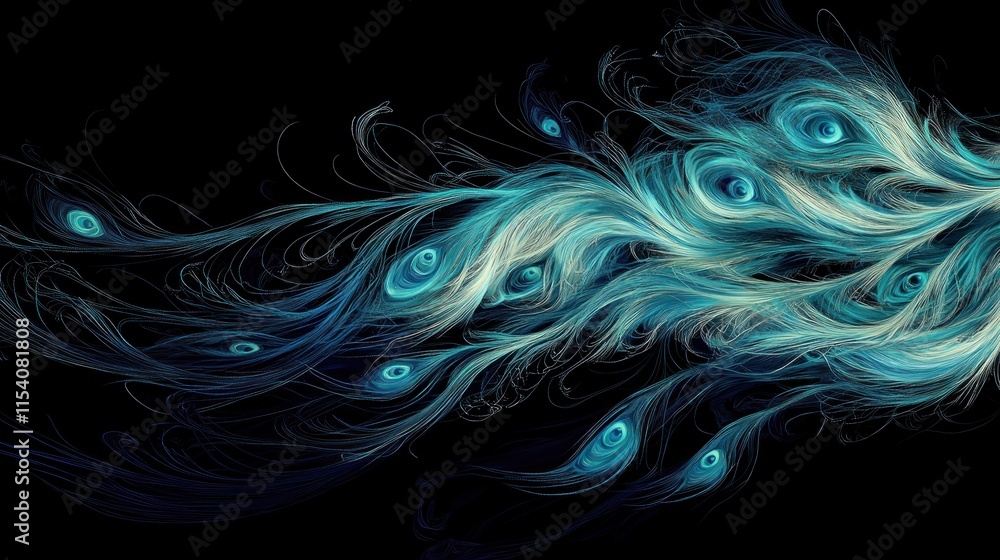 Obraz premium Abstract swirling teal and white feather design on black background.