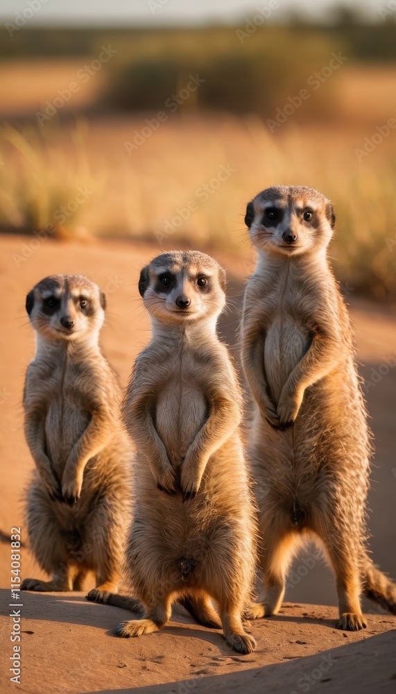 Group meerkats on alert, silhouetted by a glowing sunset over the savannah. A heartwarming glimpse into the life of these social and vigilant creatures Group meerkats on alert, silhouetted by a glowing sunset over the savannah. A heartwarming glimpse into the life of these social and vigilant creatures