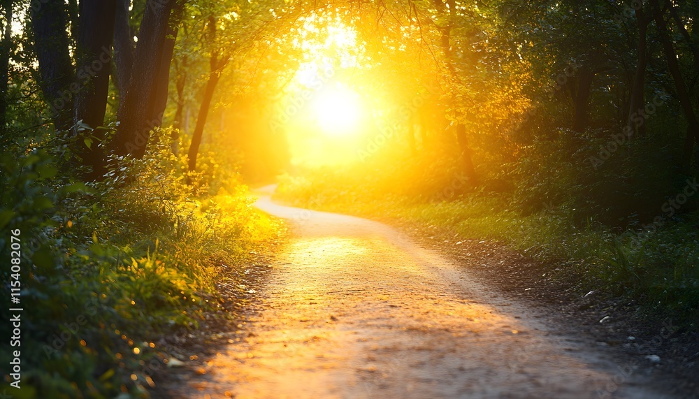 Fototapeta premium Serene Nature Trail at Sunrise with Soft Sunlight Illuminating the Path Surrounded by Lush Green Trees in a Tranquil Forest Setting