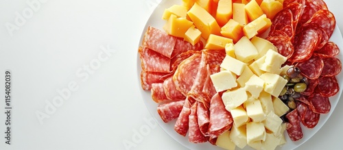 assorted cheese and ham platter on white background featuring salami proscuitto and melons garnished with nuts and herbs photo