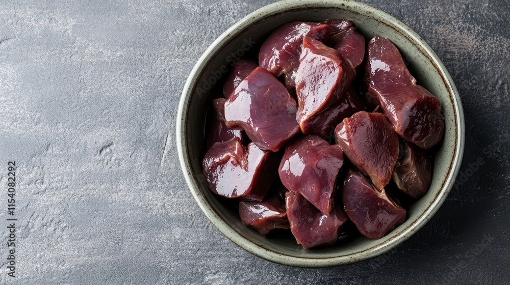 Raw duck liver pieces in a bowl arranged on a gray background showcasing top view culinary presentation for cooking purposes Raw duck liver pieces in a bowl arranged on a gray background showcasing top view culinary presentation for cooking purposes