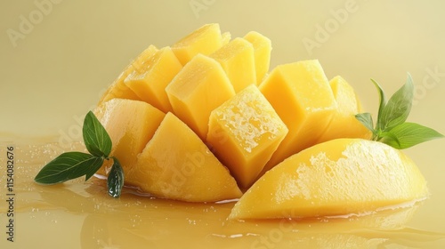 Freshly cut ripe mango slices with vibrant yellow color and green leaves on a soft textured background. Perfect for food and fruit themes. photo