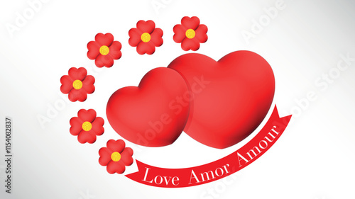 Par de corazones rojos y flores en forma de corazón.