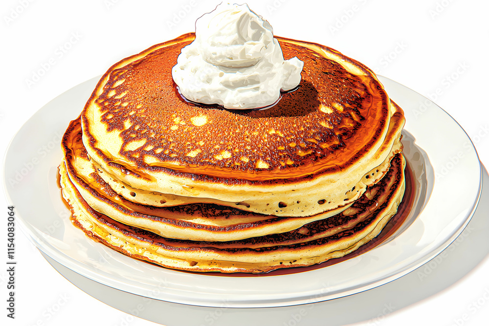Delicious Stack of Fluffy Pancakes Topped with Creamy Whipped Topping on a White Plate Delicious Stack of Fluffy Pancakes Topped with Creamy Whipped Topping on a White Plate