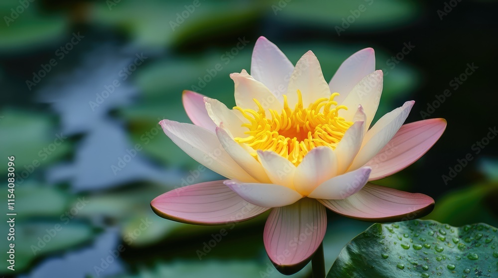 Delicate pink and yellow lily flower blooming on serene water surface surrounded by green lily pads in tranquil natural setting Delicate pink and yellow lily flower blooming on serene water surface surrounded by green lily pads in tranquil natural setting