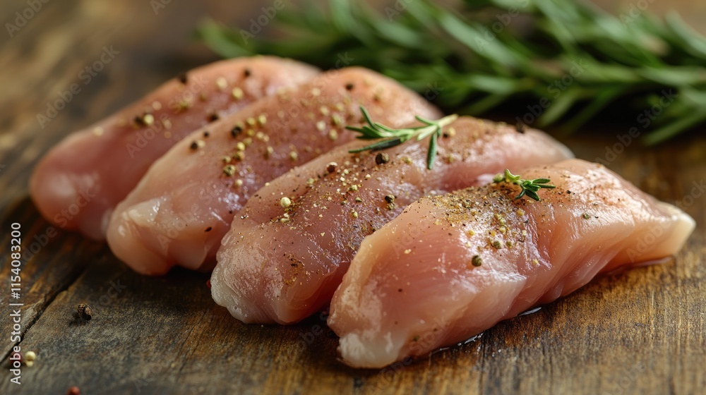 Raw poultry marinated with herbs and spices on a rustic wooden table ready for cooking in a home kitchen setting
