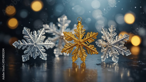 golden snowflake over abstract blurry light background. photo