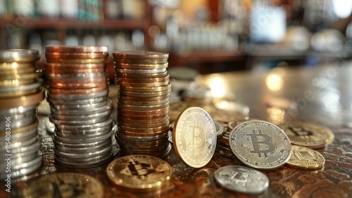 Bitcoins spread across full image, close up crypto currency heaped in a pile background