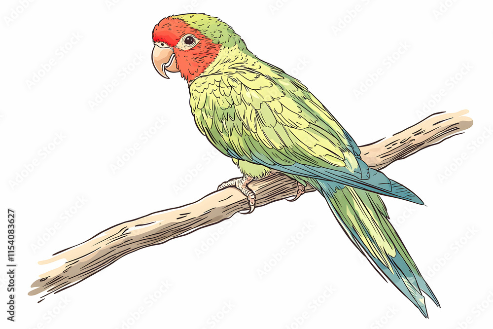 Fototapeta premium Colorful Parrot Illustration Perched on a Branch with Vibrant Green and Red Feathers and Detailed Texture in a Whimsical Style