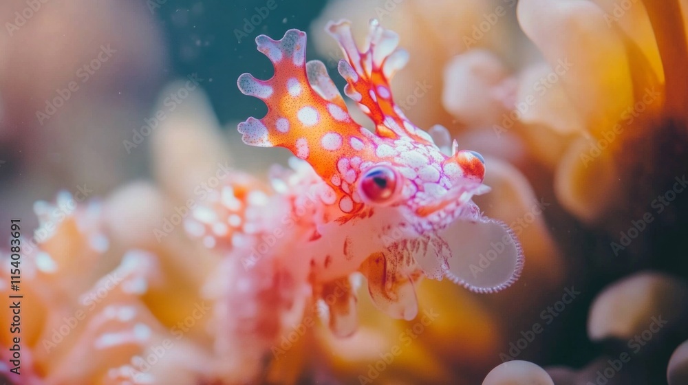 Naklejka premium Colorful and Intricate Close-Up of a Unique Sea Creature Surrounded by Vibrant Marine Flora in a Serene Underwater Environment