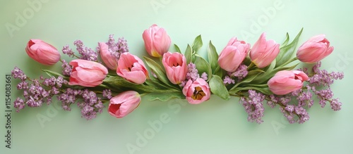 Wallpaper Mural Vibrant pink tulips and lilac astromeria floral arrangement on a light green backdrop ideal for postcards invitations and greetings Torontodigital.ca