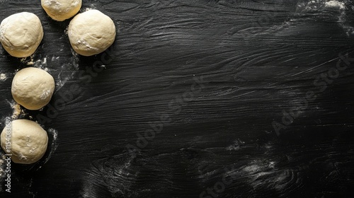 Raw dough balls resting on a black wooden surface with flour dust for a rustic baking background. Ideal for culinary and food photography.