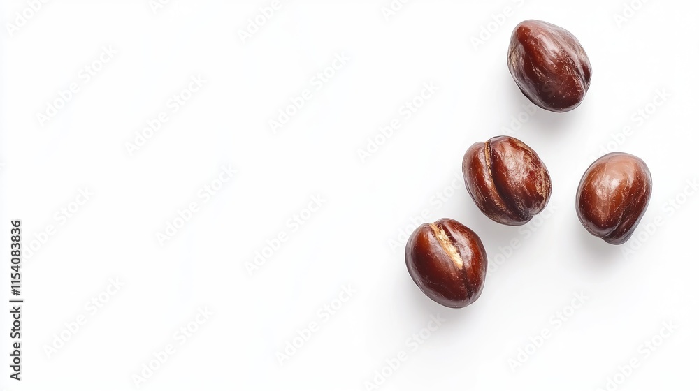 Roasted chestnuts scattered on a white background showcasing their glossy texture and rich color for culinary or seasonal themes Roasted chestnuts scattered on a white background showcasing their glossy texture and rich color for culinary or seasonal themes
