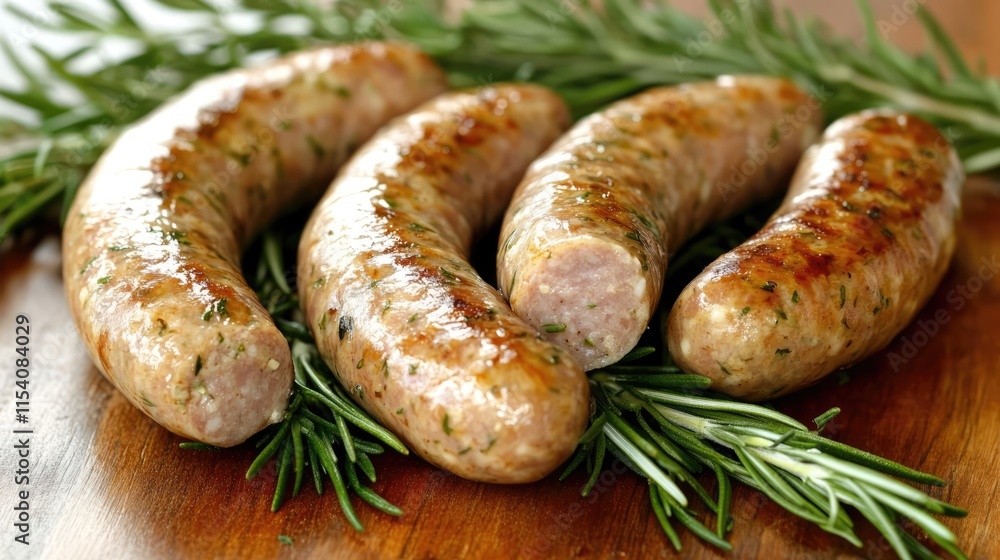 Savory grilled farm sausages garnished with fresh rosemary on a rustic wooden tabletop showcasing a delicious culinary scene