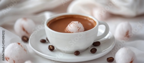 Pismaniye Cotton Candy Dessert with Coffee in White Cup on Soft Fabric Background photo