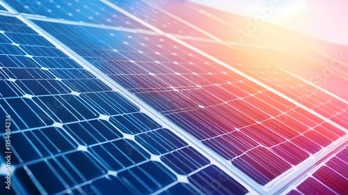 Exceptional aerial view of large field of solar photo voltaic panels system producing renewable. Galvanic. Illustration