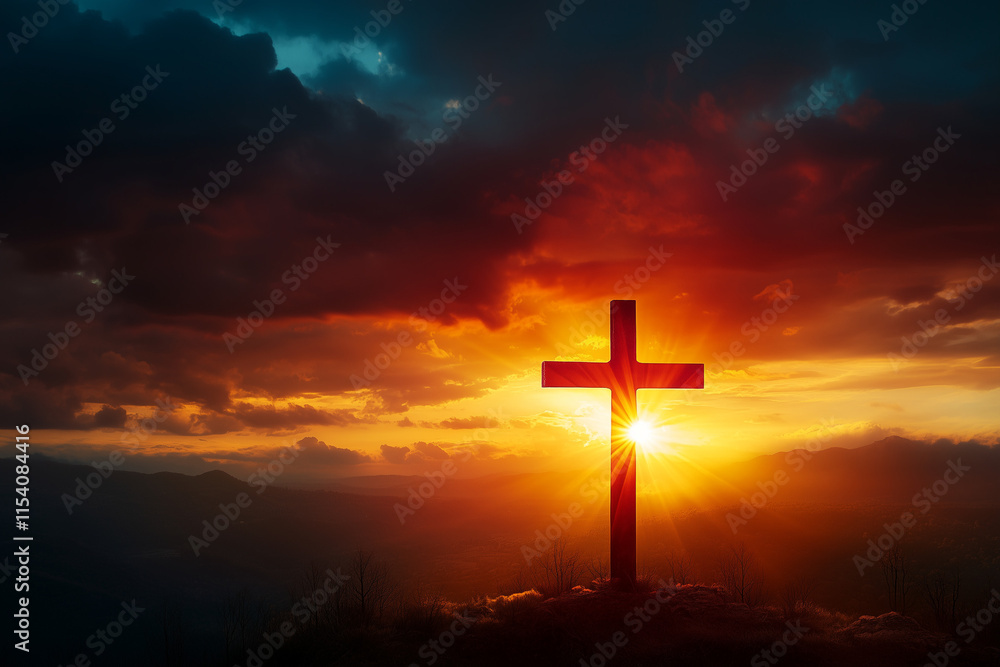 Fototapeta premium Dramatic Christian Cross at Sunset with Dark Clouds and Sunbeams Depicting Resurrection and Easter Spirituality