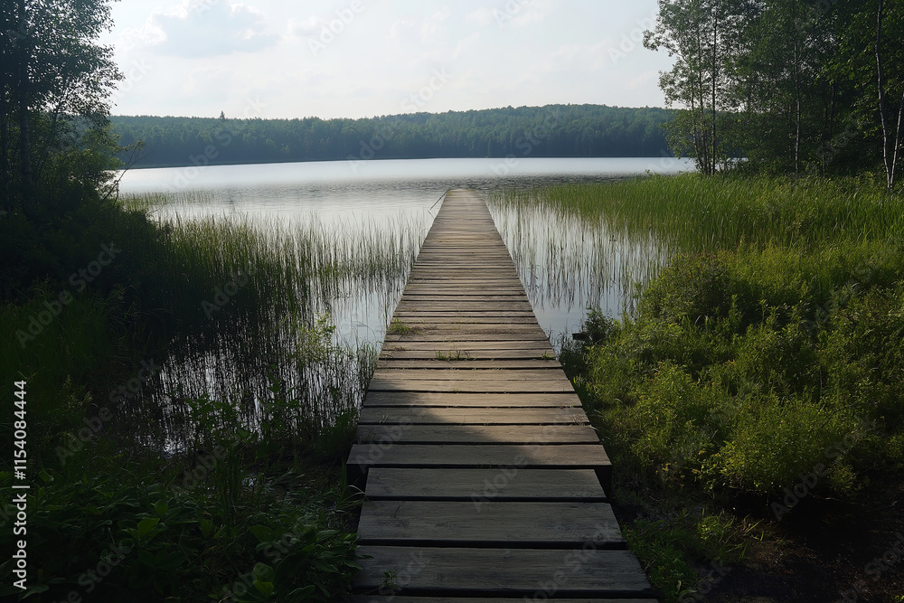 Obraz premium A plain wooden bridge stretching across a vast, calm lake.