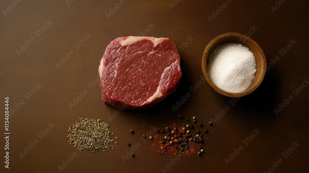 Beef steak fillet with a variety of spices and salt on a wooden table showcasing a top view and ample copy space for text insertion Beef steak fillet with a variety of spices and salt on a wooden table showcasing a top view and ample copy space for text insertion