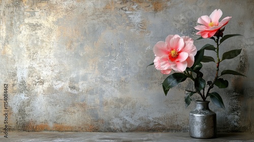 Delicate pink camellia flowers in a rustic vase against a textured gray wall backdrop photo