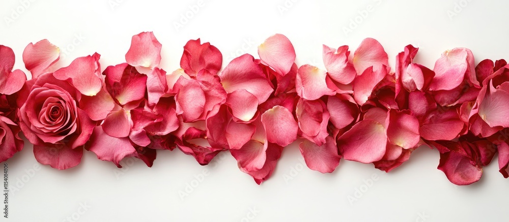 Pink roses and petals border on white background creating elegant copy space for invitations or floral designs and romantic themes Pink roses and petals border on white background creating elegant copy space for invitations or floral designs and romantic themes