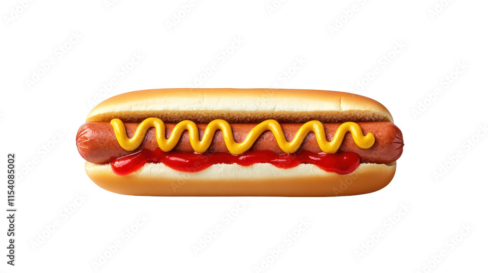 Top view Hot dog with ketchup and mustard, isolated on a white background. isolated on a transparent background. PNG format for graphic design. Top view Hot dog with ketchup and mustard, isolated on a white background. isolated on a transparent background. PNG format for graphic design.