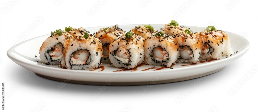 Sushi Rolls Plated Elegantly on White Background Showcasing Culinary Art and Fresh Ingredients for Gourmet Food Lovers Sushi Rolls Plated Elegantly on White Background Showcasing Culinary Art and Fresh Ingredients for Gourmet Food Lovers