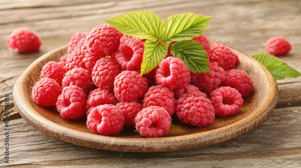 Fresh Raspberries on Wooden Plate with Green Leaves Selective Focus and Blurred Background Bokeh Effect for Culinary and Farm Fresh Themes Fresh Raspberries on Wooden Plate with Green Leaves Selective Focus and Blurred Background Bokeh Effect for Culinary and Farm Fresh Themes