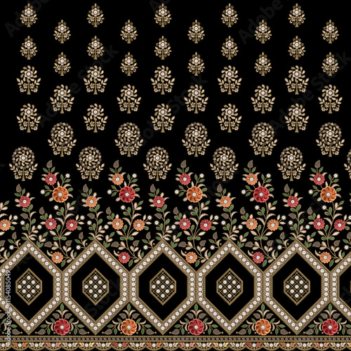 All over embroidery pattern design with flowers artwork for trendy women wear illustration.
