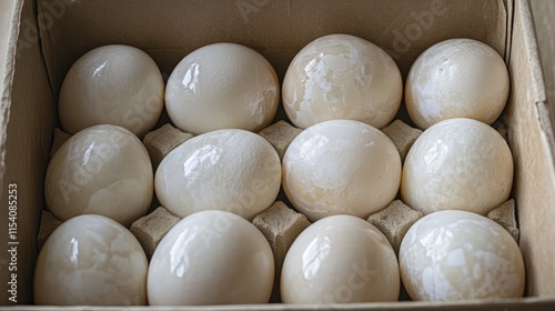 Freshly harvested raw duck eggs packaged neatly in a cardboard box ready for sale or culinary use.