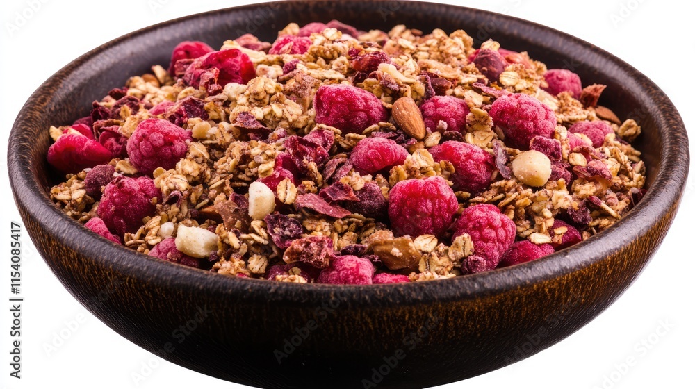 Raspberry Smoothie Bowl with Granola Topping in Rustic Wooden Bowl Healthy Breakfast Concept Selective Focus on Ingredients Raspberry Smoothie Bowl with Granola Topping in Rustic Wooden Bowl Healthy Breakfast Concept Selective Focus on Ingredients