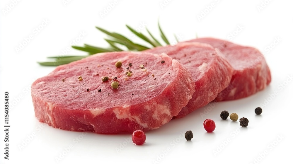 Fresh raw beef steak slices garnished with spices and herbs on a clean white background for culinary or food industry use Fresh raw beef steak slices garnished with spices and herbs on a clean white background for culinary or food industry use