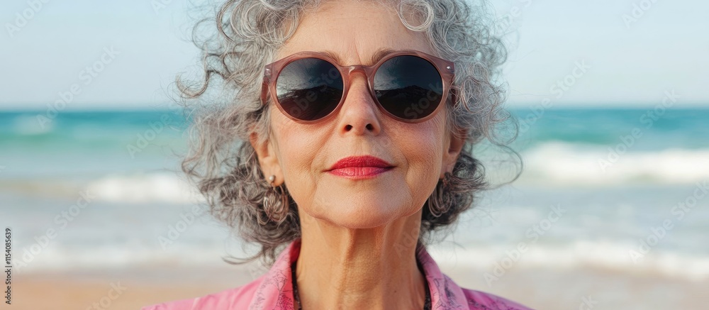 Joyful older woman in sunglasses enjoying a seaside holiday on the beach with a vibrant ocean backdrop and a bright smile. Joyful older woman in sunglasses enjoying a seaside holiday on the beach with a vibrant ocean backdrop and a bright smile.