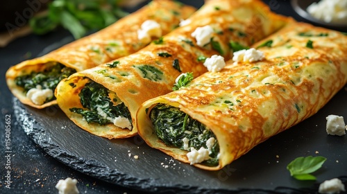 Savory spinach feta breakfast crepes a highprotein breakfast with delicate texture perfect for healthy and nutritious mornings photo