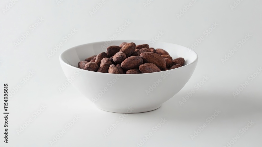 Raw cacao beans in a modern white bowl against a minimalist background showcasing their natural beauty and rich texture Raw cacao beans in a modern white bowl against a minimalist background showcasing their natural beauty and rich texture