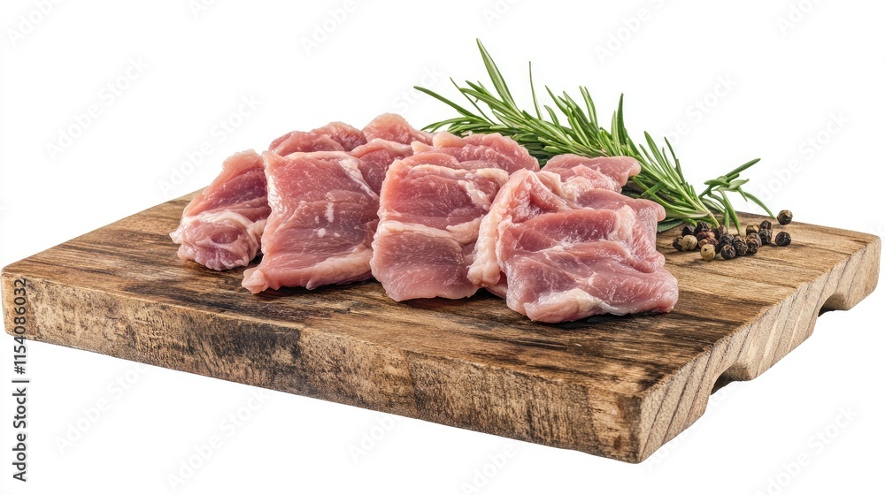 Fresh raw pork cuts on a rustic wooden cutting board garnished with rosemary and black pepper on a white background Fresh raw pork cuts on a rustic wooden cutting board garnished with rosemary and black pepper on a white background