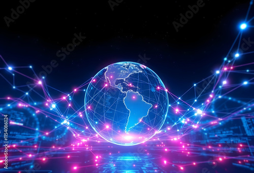 Intricate neon global value chains connecting manufacturers, suppliers, and distributors across borders - conceptual illustration of international trade and supply chains
