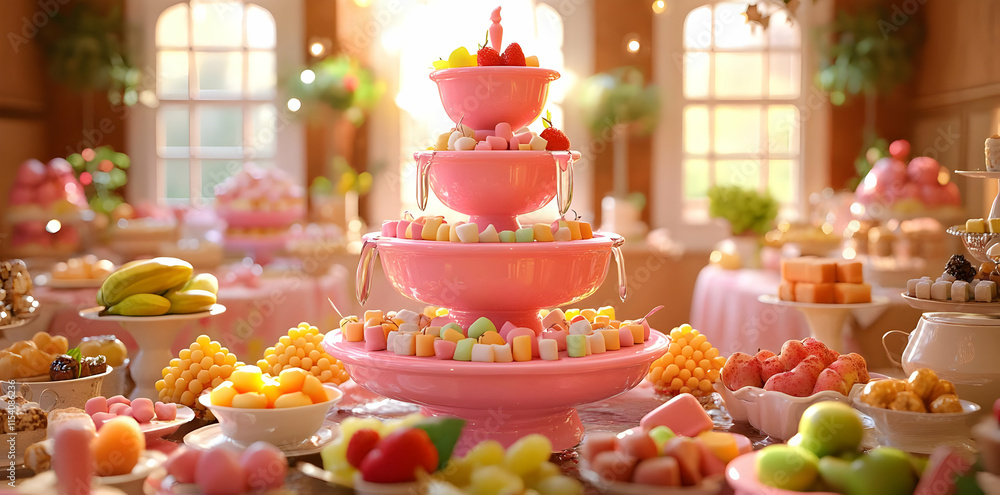 A colorful dessert display featuring various sweets and fruits in an elegant setting. A colorful dessert display featuring various sweets and fruits in an elegant setting.