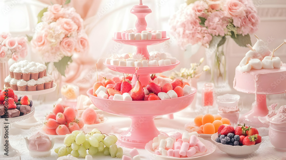 A beautifully arranged dessert table with pink accents, featuring fruits and sweets. A beautifully arranged dessert table with pink accents, featuring fruits and sweets.