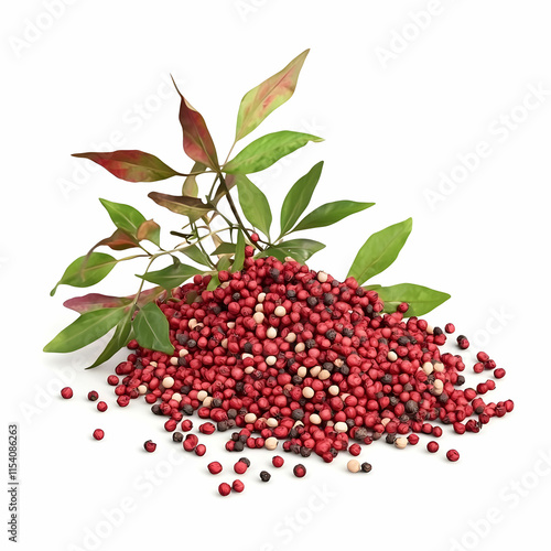 Red and Black Pepper Grains with Fresh Green Leaves on White Background for Culinary and Decorative Uses