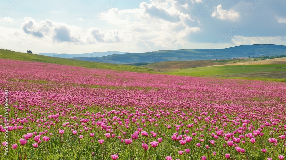 Vibrant pink buttercups blooming in a scenic field under a bright sky with rolling hills in the background Vibrant pink buttercups blooming in a scenic field under a bright sky with rolling hills in the background